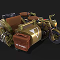 Vintage Three Wheeled Motorcycle With Golden Body Brown Seat And Leather Suitcase