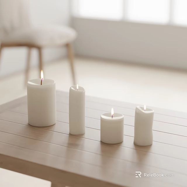 Lit White Candles on Wooden Table in Bright Room with Soft Lighting 3d model 