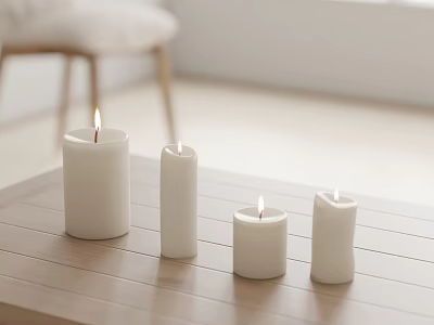 Lit White Candles on Wooden Table in Bright Room with Soft Lighting 3d model