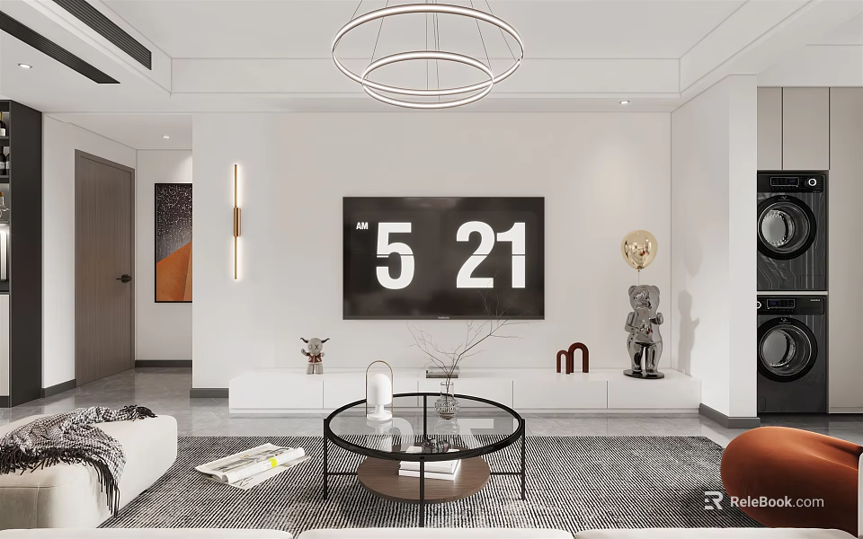 Modern Living Dining Room Interior With Circular Chandelier Large Screen Sofa And Sculptures 3d model 