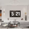 Modern Living Dining Room Interior With Circular Chandelier Large Screen Sofa And Sculptures
