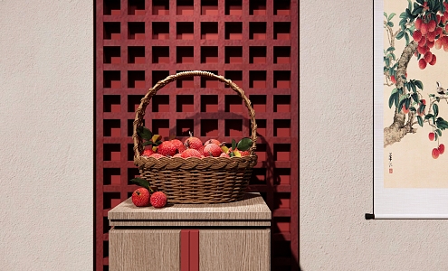 New Chinese Style Fruit Basket Fruit Basket Ornaments Fruit Basket Woven Bamboo Basket Litchi Bayberry Hanging Painting 3d model