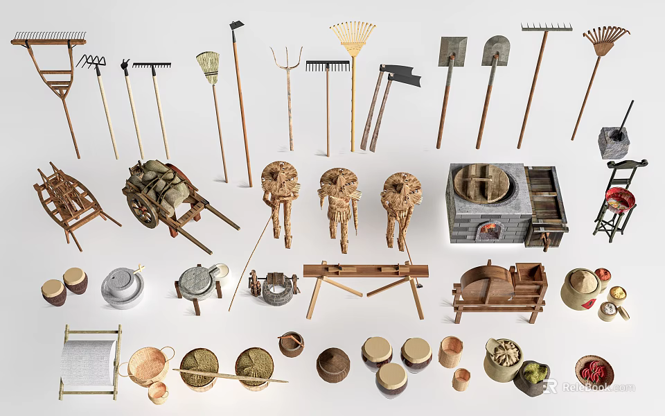 Traditional Farming Tools Collection With Hoes Rakes Carts Baskets Pottery And Stone Mills 3d model 