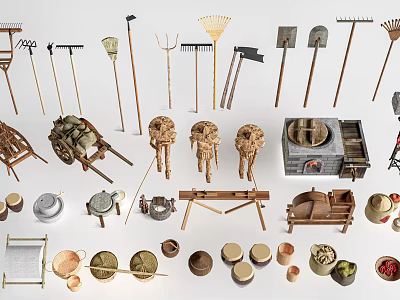 Traditional Farming Tools Collection With Hoes Rakes Carts Baskets Pottery And Stone Mills 3d model