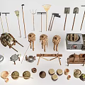 Traditional Farming Tools Collection With Hoes Rakes Carts Baskets Pottery And Stone Mills