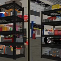Organized Garage With Metal Shelves Storage Boxes Tools And Oil Cans