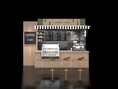 Coffee Shop Featuring Coffee Time Sign Menu Board Dessert Display Espresso Machine Gold Bar Stools 3d model