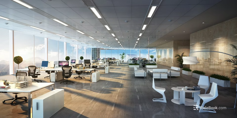 Modern Spacious Public Office Space With Workstations Desks Green Plants And Bright Windows 3d model 