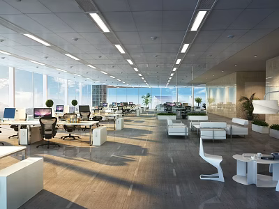 Modern Spacious Public Office Space With Workstations Desks Green Plants And Bright Windows 3d model