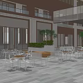 Commercial Street Outdoor Seating Area With Wooden Benches Green Plants And Stone Paved Floor