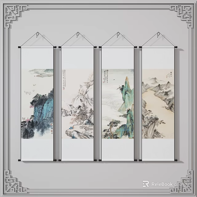 Four Hanging Traditional Chinese Landscape Scroll Paintings With Mountains Water And Birds 3d model 