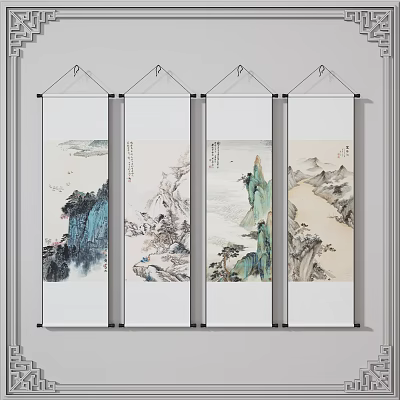 Four Hanging Traditional Chinese Landscape Scroll Paintings With Mountains Water And Birds 3d model