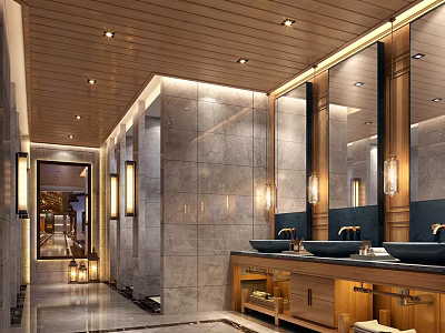 SPA Sauna Interior Design With Wooden Ceiling Marble Walls Mirrors Wooden Vanity And Double Sinks 3d model