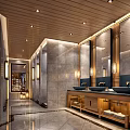 SPA Sauna Interior Design With Wooden Ceiling Marble Walls Mirrors Wooden Vanity And Double Sinks