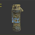 Rusty Metal Weapon Component With Cylindrical Structure Circular Holes And Blue Accents