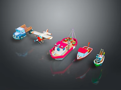 Colorful Small Toy Water Transport Vehicles With Various Designs And Shapes 3d model
