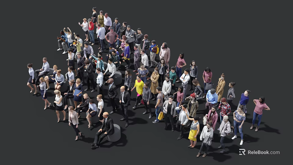 Group of Diverse People Standing and Sitting Together in Crowd Formation 3d model 