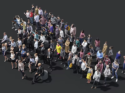 Group of Diverse People Standing and Sitting Together in Crowd Formation 3d model