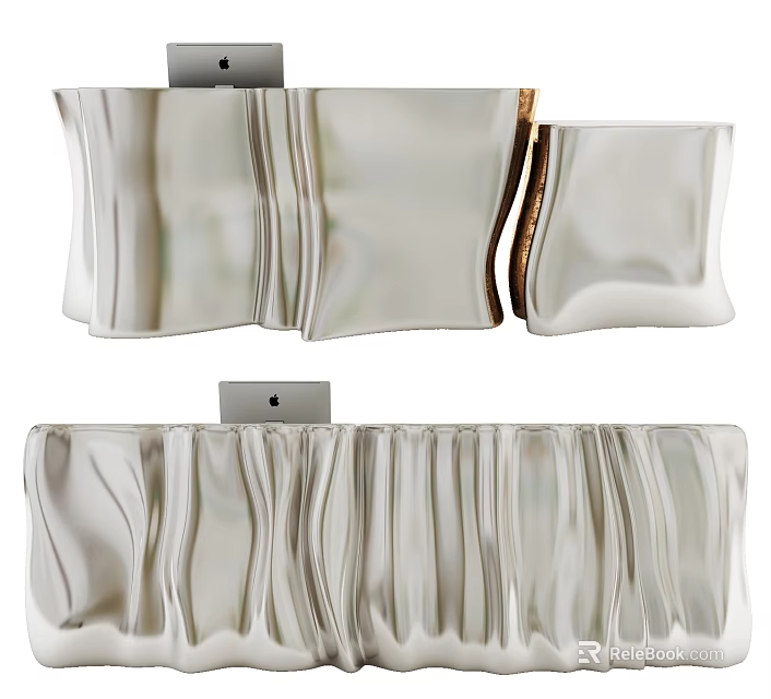 Modern Elegant Reception Desk With Pleated Ivory White Surface And Golden Edges 3d model 