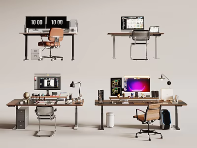 Modern Office Desks With Computer Monitors Laptops Lamps Globe Stationery And Backpacks 3d model