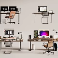 Modern Office Desks With Computer Monitors Laptops Lamps Globe Stationery And Backpacks