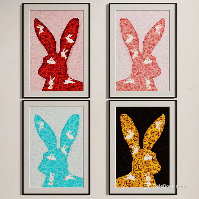 Colorful Rabbit Silhouette Paintings With Patterned Background And Small Rabbit Designs 3d model 