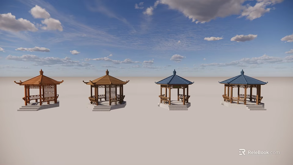 Traditional Garden Landscape With Multiple Pavilions And Colored Roofs Under Blue Sky 3d model 