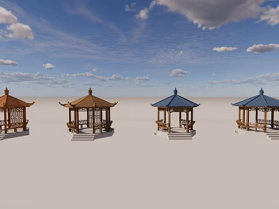 Traditional Garden Landscape With Multiple Pavilions And Colored Roofs Under Blue Sky 3d model