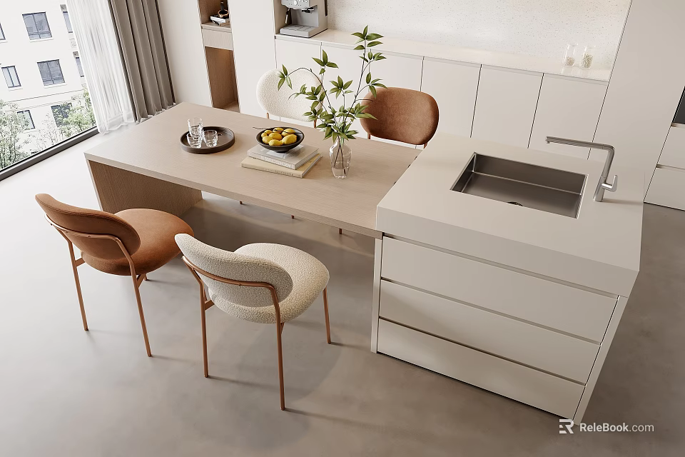 Modern Dining Table And Chairs With Brown Beige Seats Potted Plant And Kitchen Counter 3d model 