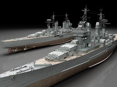 Detailed Scale Model Of Two Large Military Battleships On Water Surface 3d model
