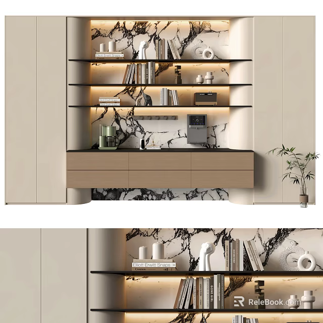 Elegant Modern Decorative Cabinet With Marble Texture Illuminated Shelves Books And Decorations 3d model 