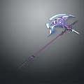 Ornate Purple and Blue Poleaxe with Intricate Mythical Design Details
