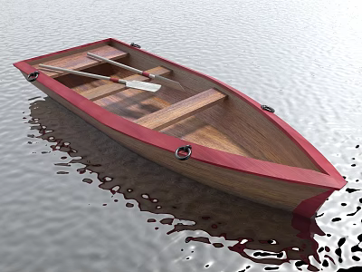 Traditional Wooden Boat With Red Trim Floating on Calm Water and Wooden Oars 3d model Traditional Wooden Boat With Red Trim Floating on Calm Water and Wooden Oars 3d model