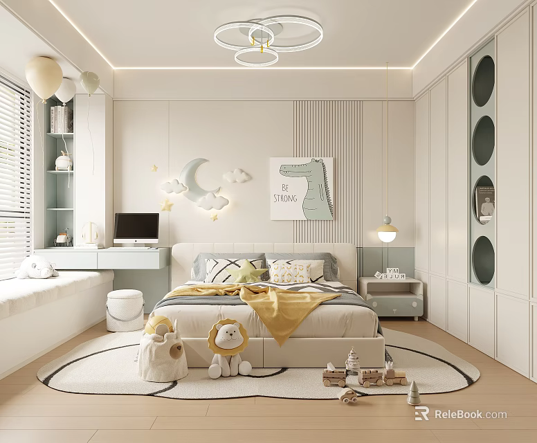 Bright Kids Room Interior With Bed Yellow Blanket Stuffed Toys And Moon Cloud Decor 3d model 