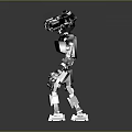 Metallic Humanoid Robot Character With Silver Black Body And Green Glowing Eyes