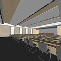 Large Modern Conference Room With Arranged Tables Chairs Ceiling Lighting And Wall Decorations