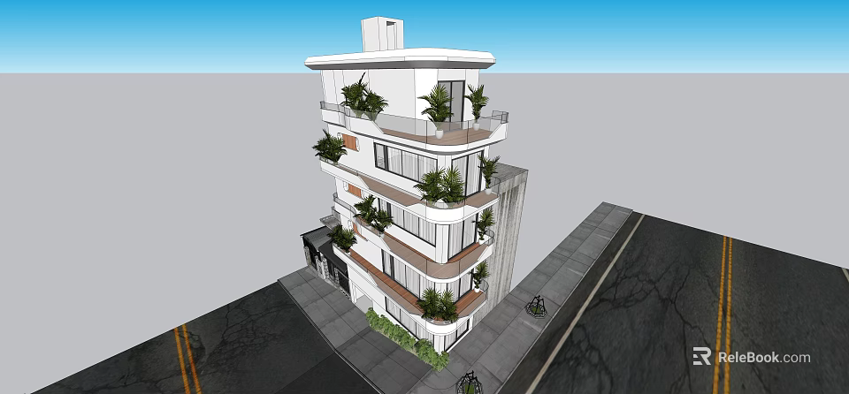 Modern Multi Storey Building with Balconies Green Plants and Street Side Design 3d model 