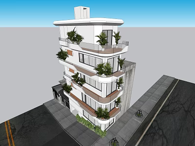 Modern Multi Storey Building with Balconies Green Plants and Street Side Design 3d model