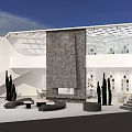 Modern Open Architectural Space With White Walls Glass Roof And Black Sculptures