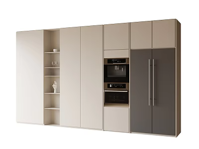Modern Kitchen Fridge Cabinet Design With Open Shelves And Built In Appliances 3d model