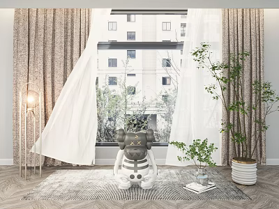 Elegant Sheer and Textured Curtains for Living Room with Window View and Indoor Plants 3d model