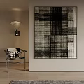 Minimalist Interior With Black White Abstract Painting Single Chair And Wall Lamp
