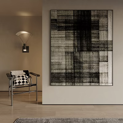 Minimalist Interior With Black White Abstract Painting Single Chair And Wall Lamp 3d model