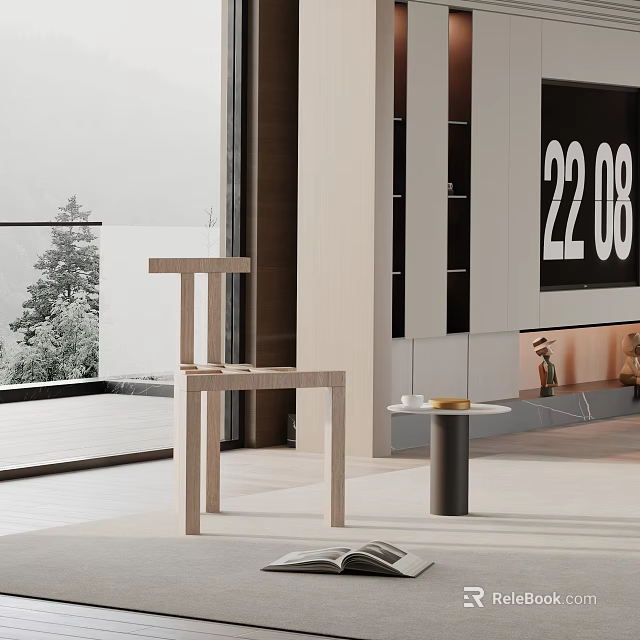 Modern Wooden Dining Chair in Light-Filled Interior with Outdoor Tree View and Side Table 3d model 
