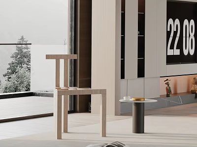 Modern Wooden Dining Chair in Light-Filled Interior with Outdoor Tree View and Side Table 3d model