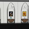 Modern Decorative Cabinets Against White Wall With Arched Lighting Art Paintings And Vases