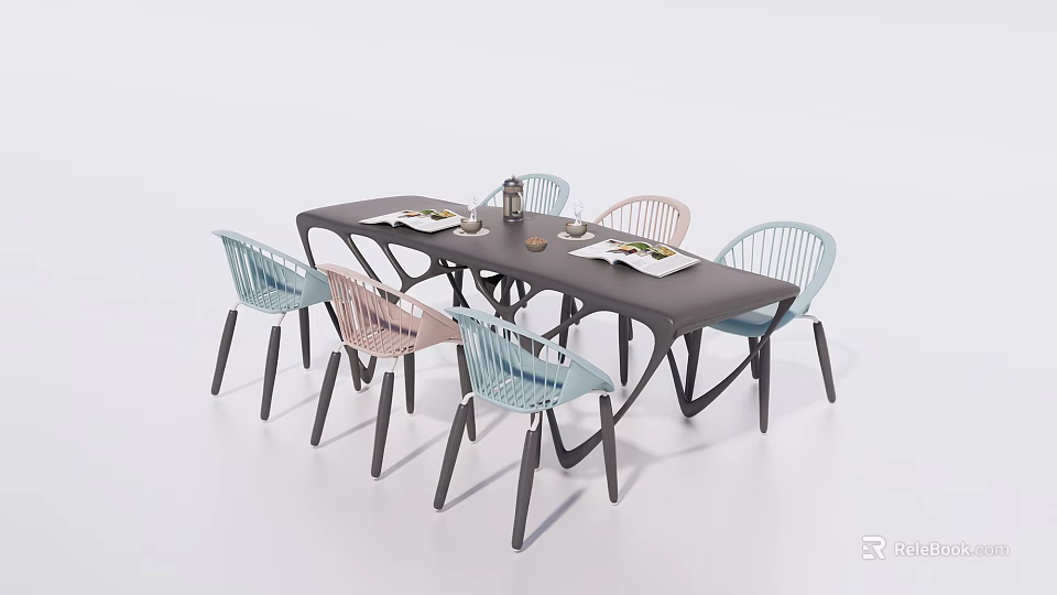 Modern Dining Table Set With Colorful Chairs For Home Interior Decor 3d model