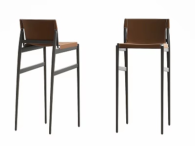 Two Brown Seat And Backrest Bar Stools With Black Metal Frame Structure 3d model