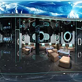 Modern KTV Lounge Interior With Neon Blue Lighting Large Screens And Sofa Seating
