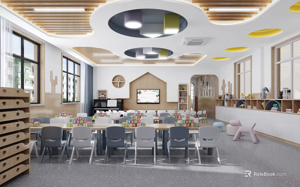 Kindergarten Classroom Interior With Wooden Ceiling Tables Chairs Colorful Blocks And TV 3d model 
